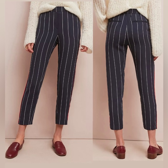 Anthropologie Pants - ANTHROPOLOGIE eta:twa Piped + Striped Pants M navy slim crop trouser red piping